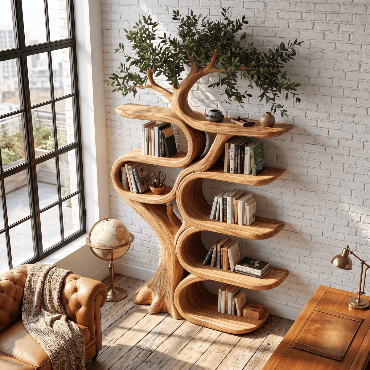 Sculptural Solid Wood Tree Bookshelf Organic Ribbon Display Bookcase