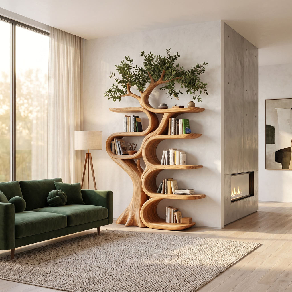 Sculptural Solid Wood Tree Bookshelf Organic Ribbon Display Bookcase
