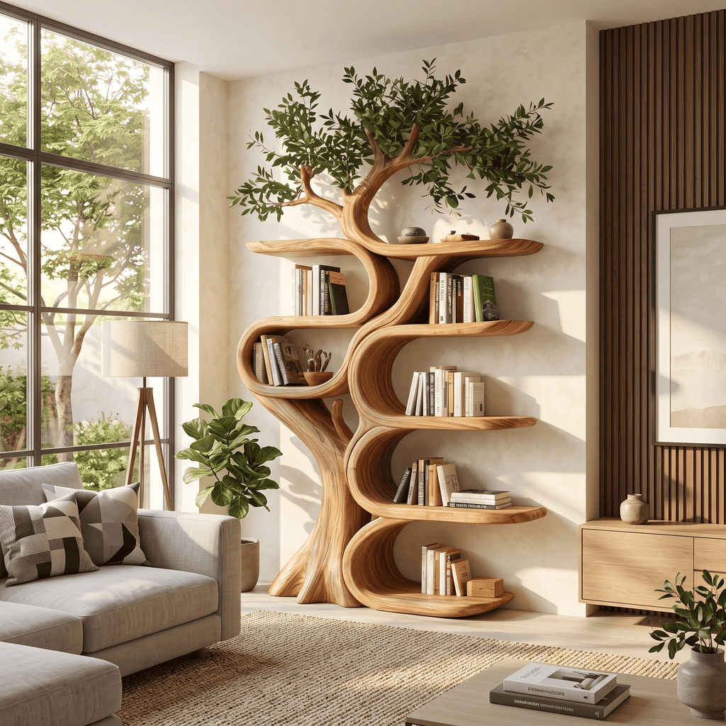 Sculptural Solid Wood Tree Bookshelf Organic Ribbon Display Bookcase