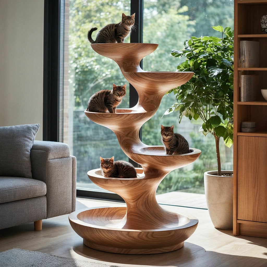 Sculptural Spiral Solid Wood Cat Tree Tiered Modern Feline Lounger