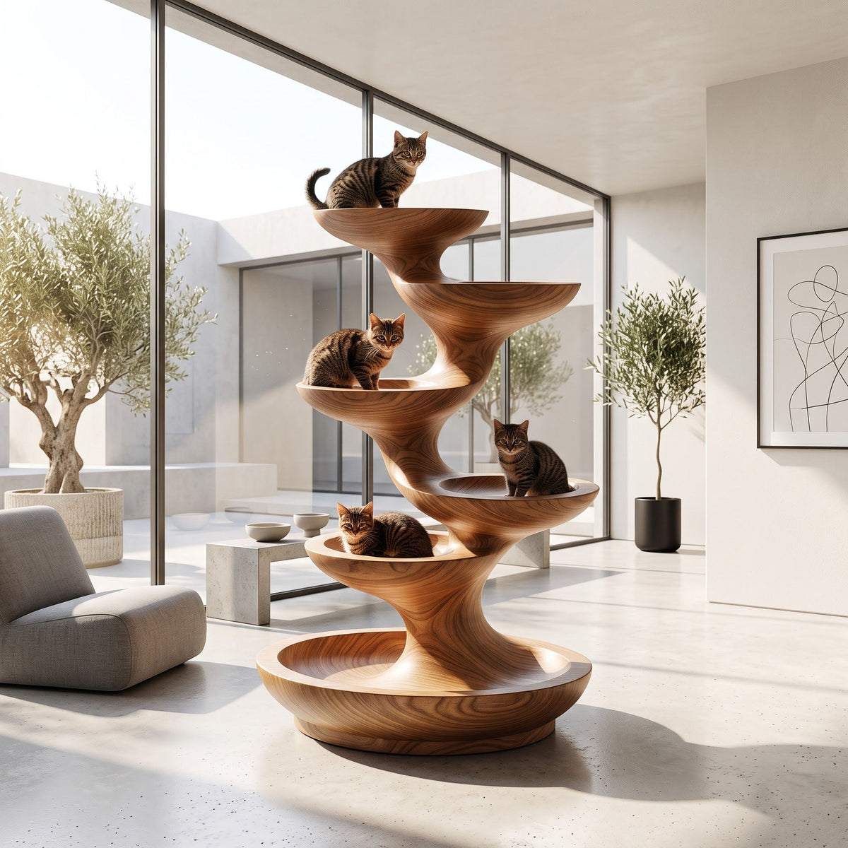 Sculptural Spiral Solid Wood Cat Tree Tiered Modern Feline Lounger