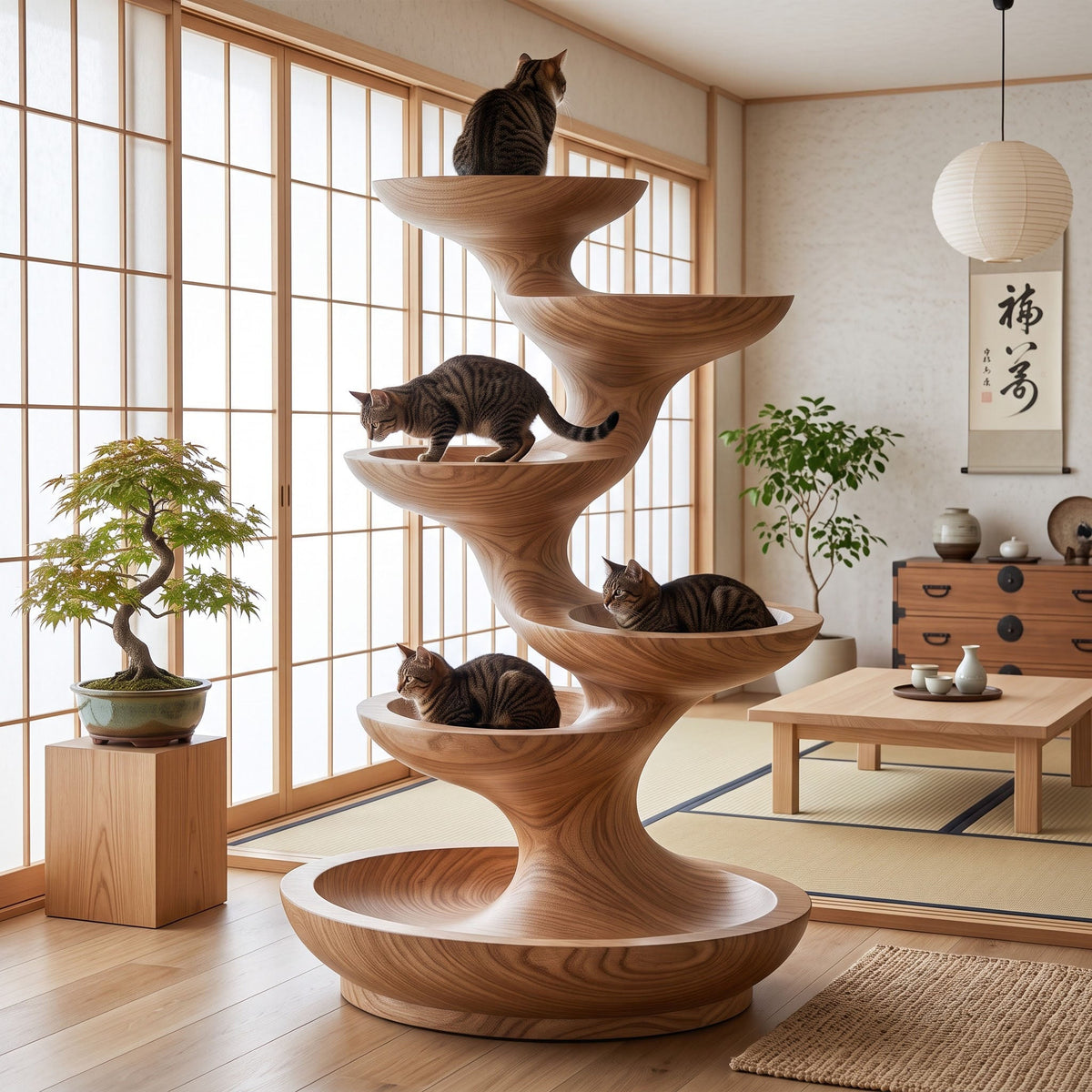 Sculptural Spiral Solid Wood Cat Tree Tiered Modern Feline Lounger