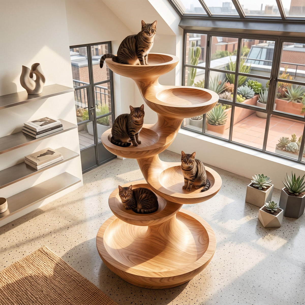 Sculptural Spiral Solid Wood Cat Tree Tiered Modern Feline Lounger