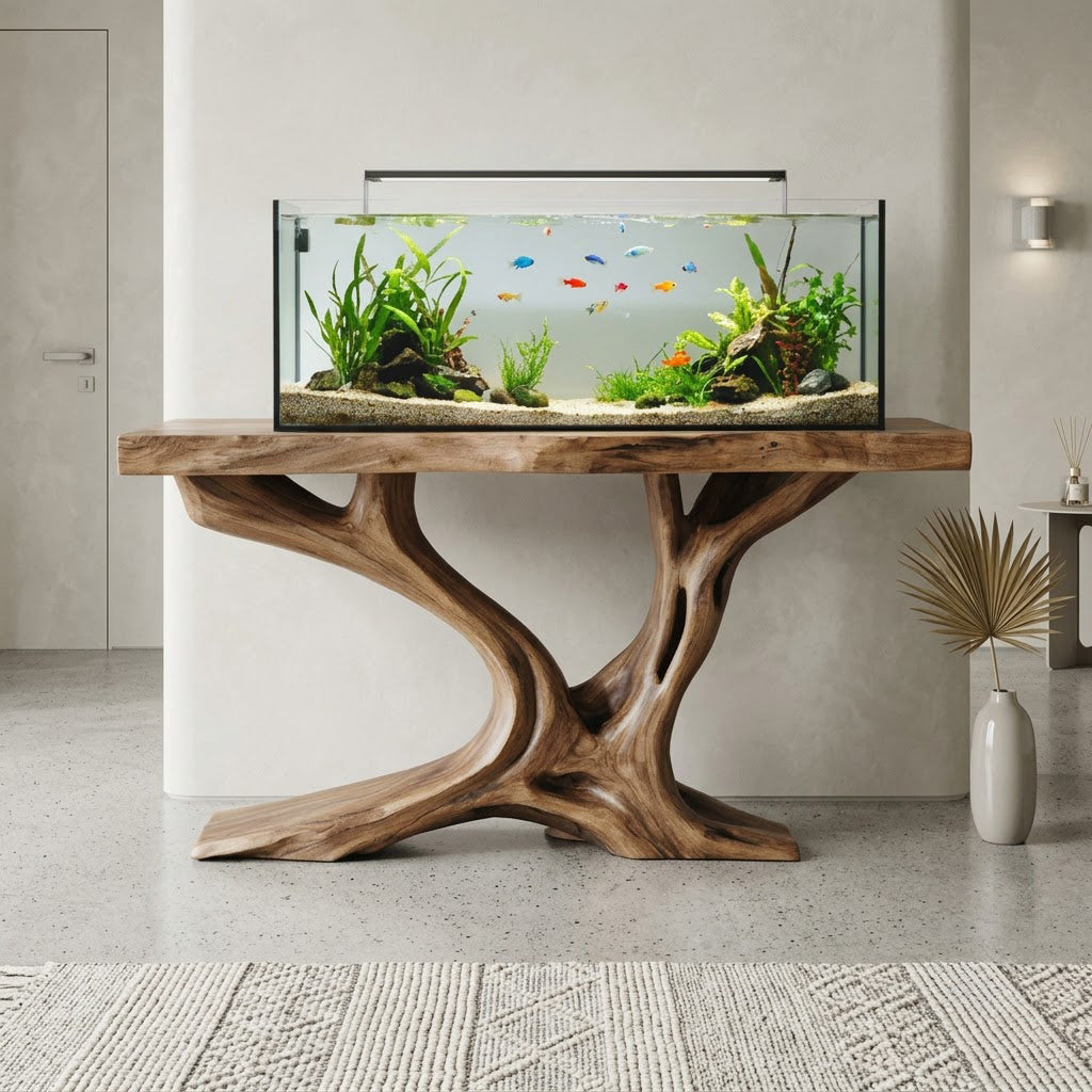 Sculptural Tree Branch Solid Wood Aquarium Stand Live Edge Console Table