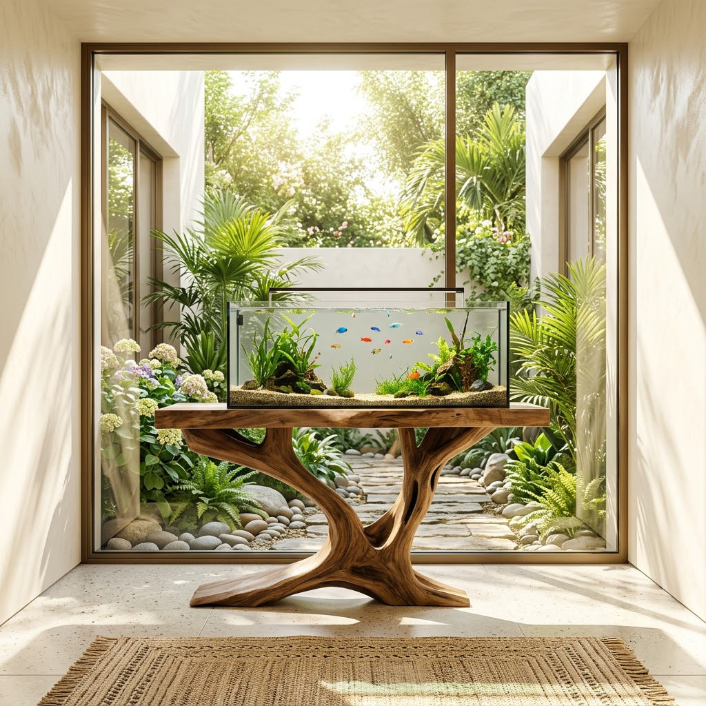 Sculptural Tree Branch Solid Wood Aquarium Stand Live Edge Console Table