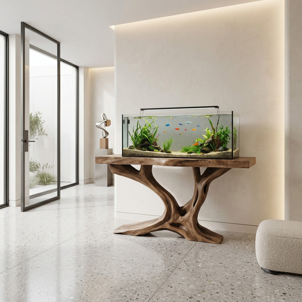 Sculptural Tree Branch Solid Wood Aquarium Stand Live Edge Console Table