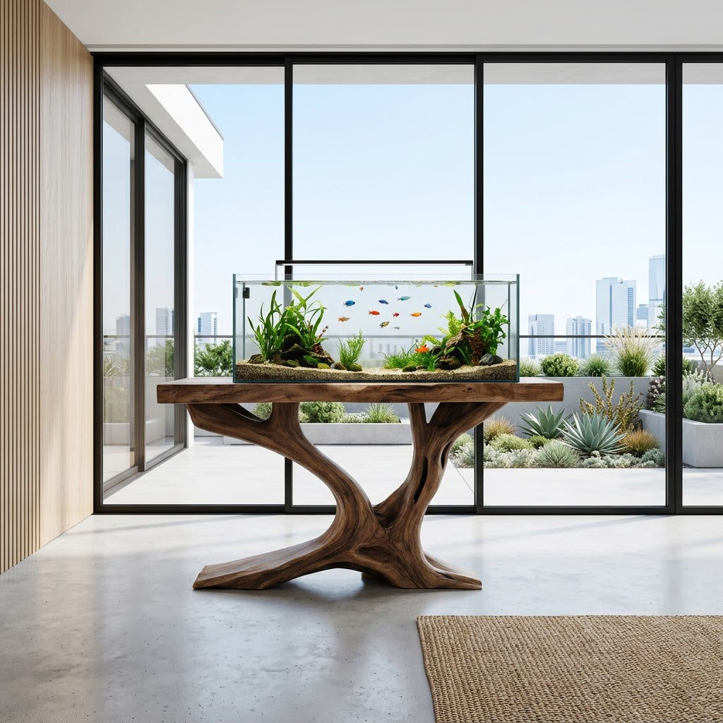 Sculptural Tree Branch Solid Wood Aquarium Stand Live Edge Console Table