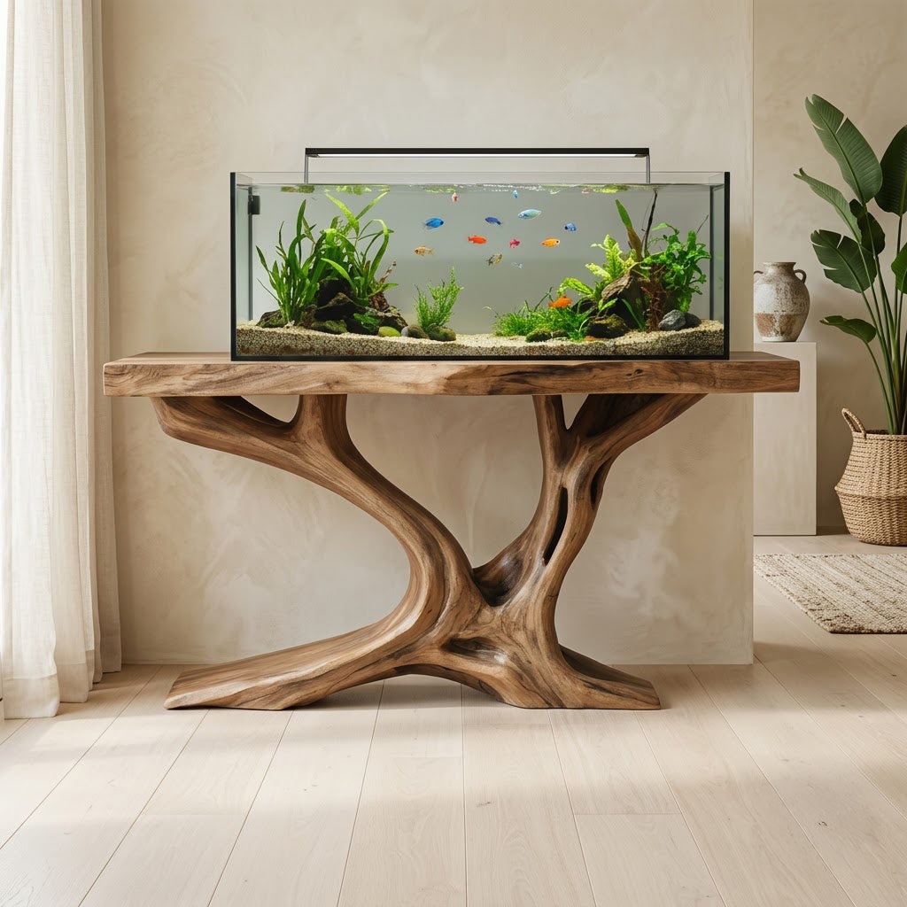 Sculptural Tree Branch Solid Wood Aquarium Stand Live Edge Console Table