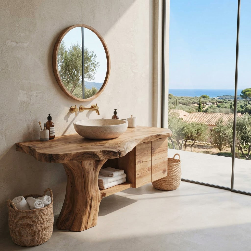 Sculptural Tree Trunk Solid Wood Bathroom Vanity Organic Live Edge Storage Console