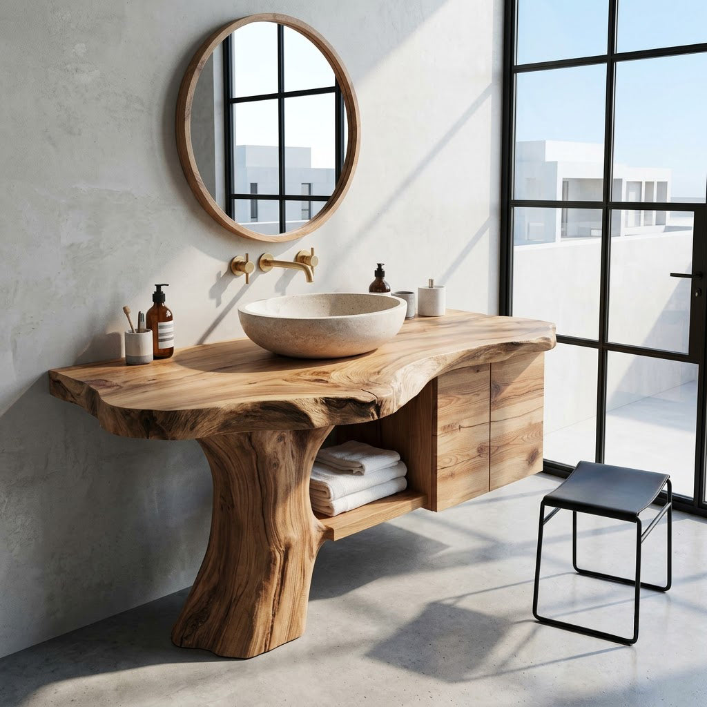 Sculptural Tree Trunk Solid Wood Bathroom Vanity Organic Live Edge Storage Console