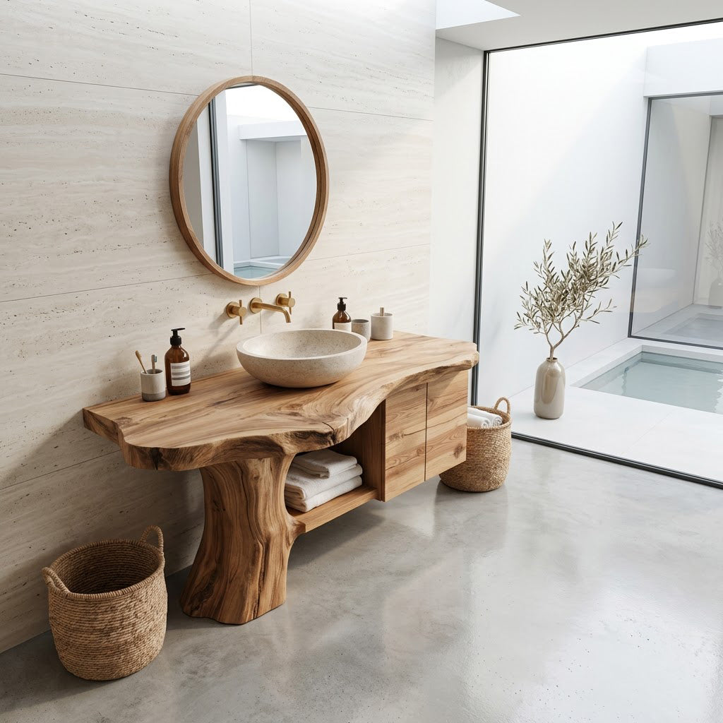 Sculptural Tree Trunk Solid Wood Bathroom Vanity Organic Live Edge Storage Console