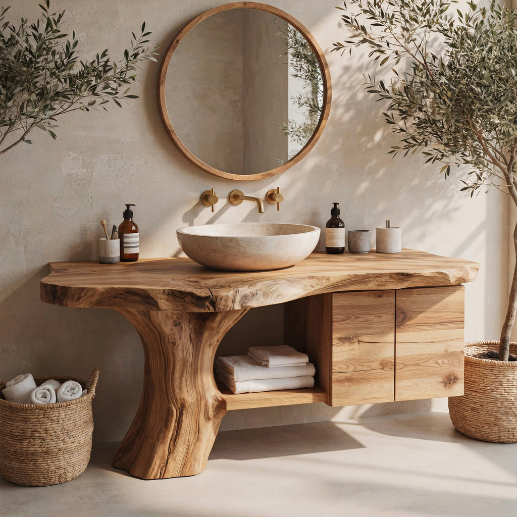 Sculptural Tree Trunk Solid Wood Bathroom Vanity Organic Live Edge Storage Console