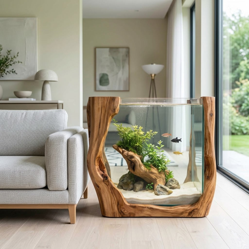Sculptural U Shaped Solid Wood Aquarium Stand Organic Live Edge Fish Tank Base