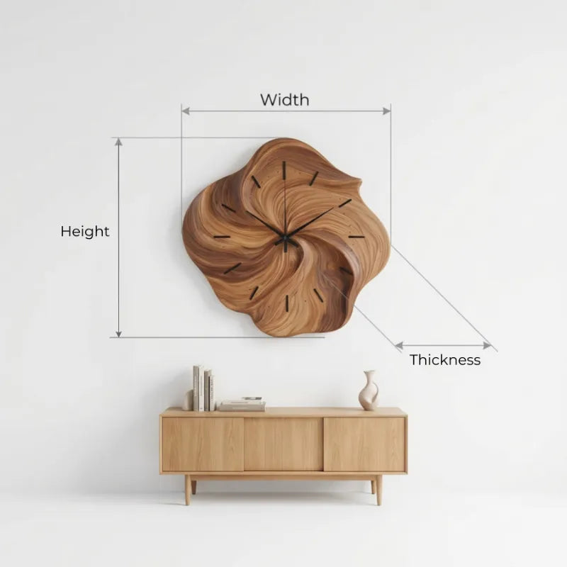 Sculptural Hand-Carved Biomorphic Solid Wood Swirl Wall Clock With Fluted Petal Relief & Silent Quartz Movement