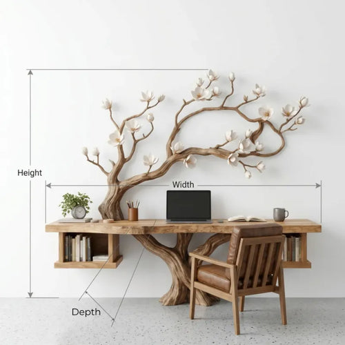 Sculptural Hand-Carved Blossom Tree Solid Wood Desk & Sprawling Branch Wall Unit
