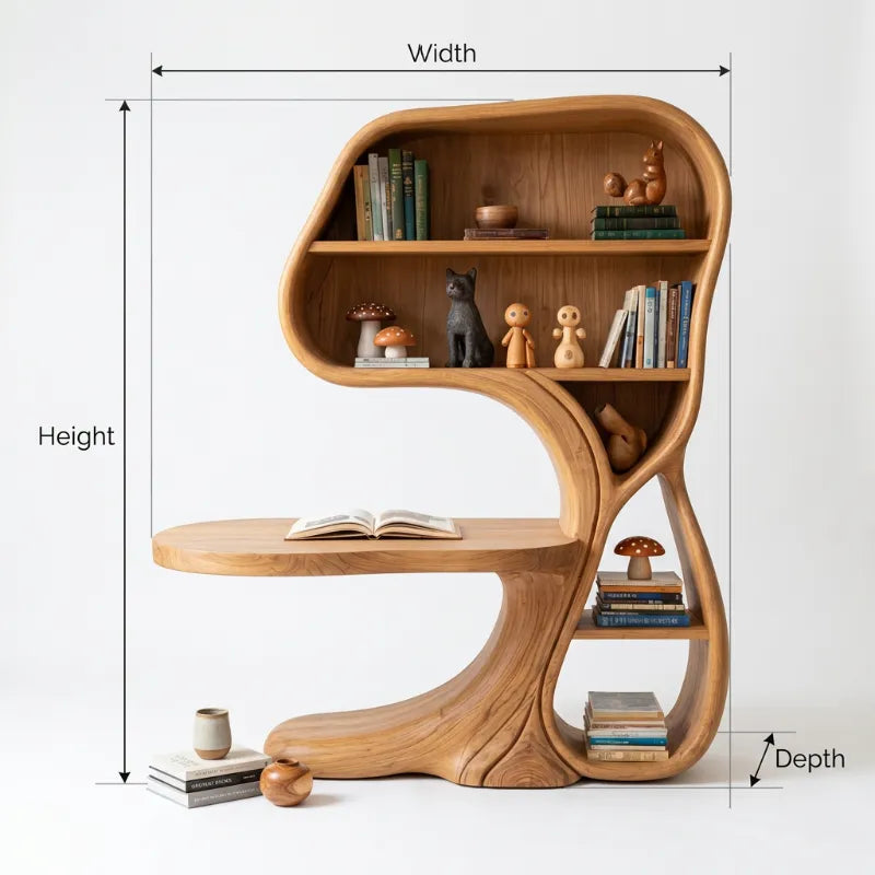 Sculptural Hand-Carved Curvilinear Solid Wood Desk & Bookshelf Combo Unit With Cantilevered Workstation