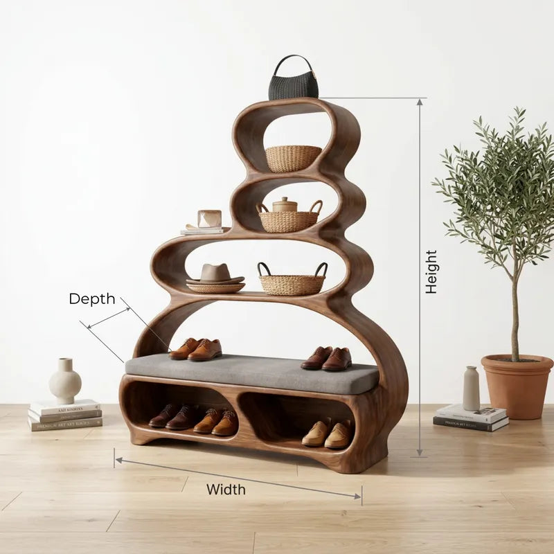 Sculptural Hand-Carved Solid Wood Entryway Bench & Multi-Tier Curvilinear Storage Unit With Integrated Shoe Cubbies