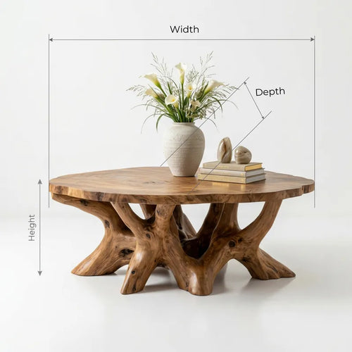 Sculptural Hand-Carved Tree Root Round Solid Wood Coffee Table & Sprawling Branch Base