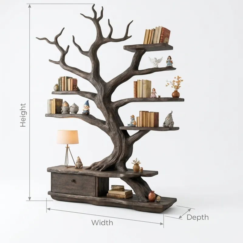 Sculptural Hand-Carved Tree Solid Wood Bookshelf & Branch Wall Display Unit With Integrated Credenza Storage Base