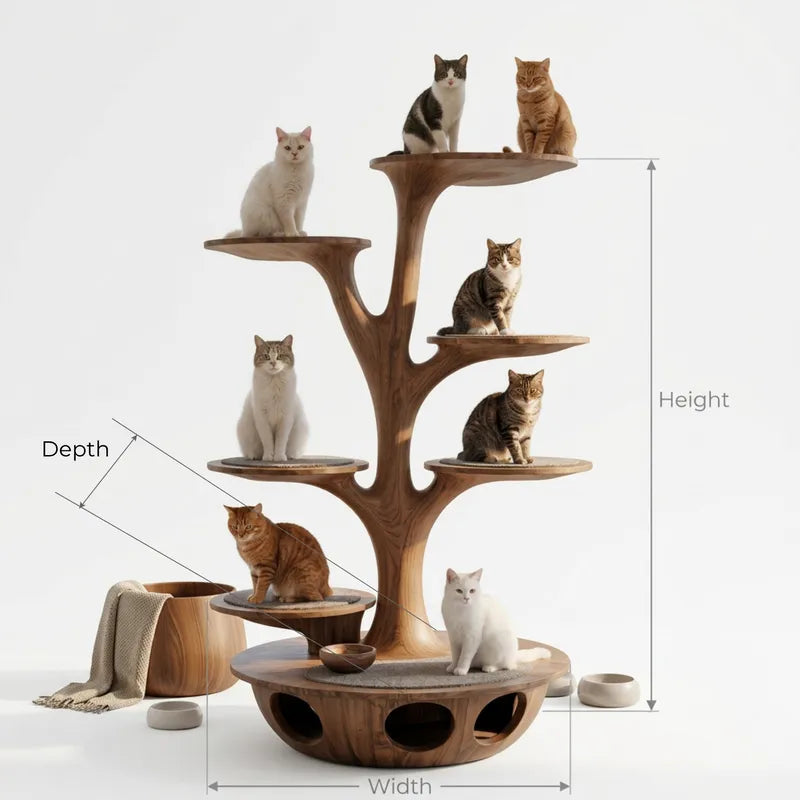 Sculptural Hand-Carved Tree Solid Wood Cat Tower & Multi-Tier Luxury Feline Climbing Tree With Tunnel Condo Base