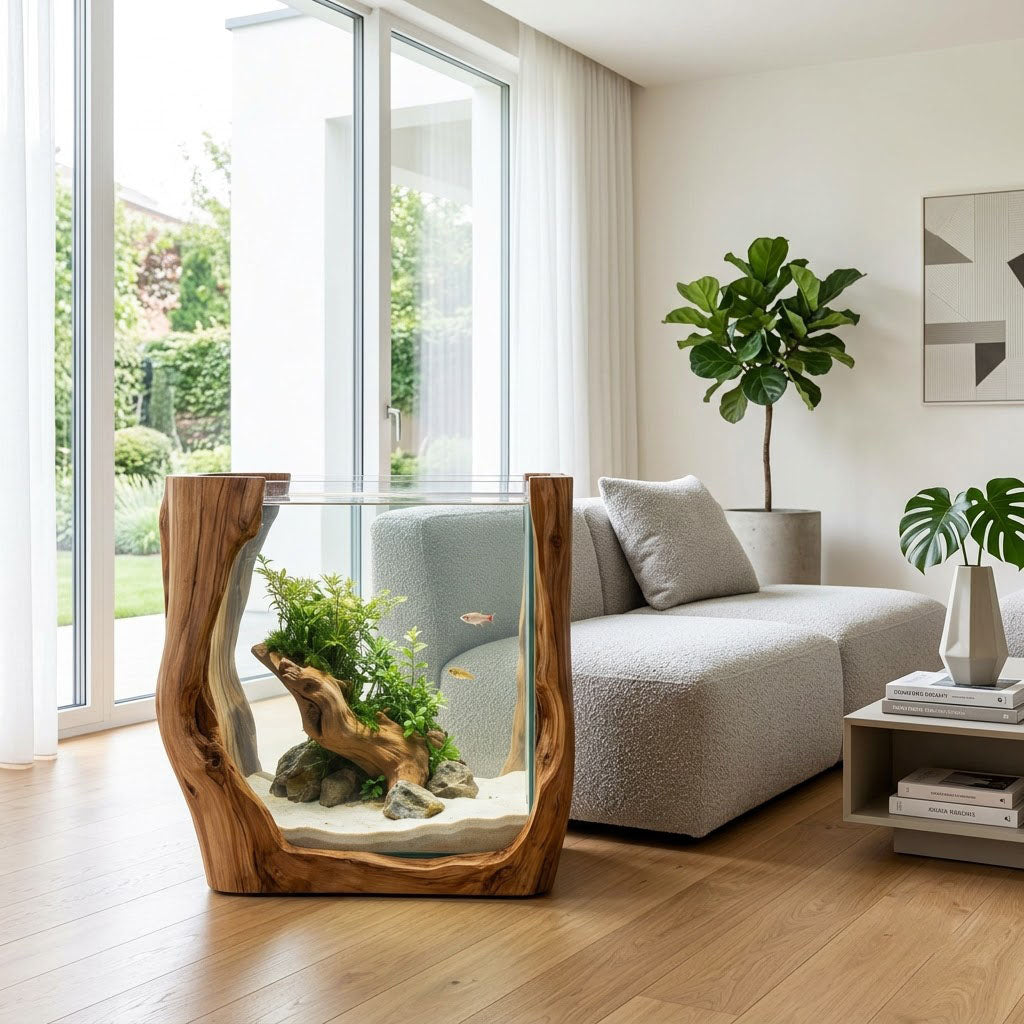 Sculptural U Shaped Solid Wood Aquarium Stand Organic Live Edge Fish Tank Base