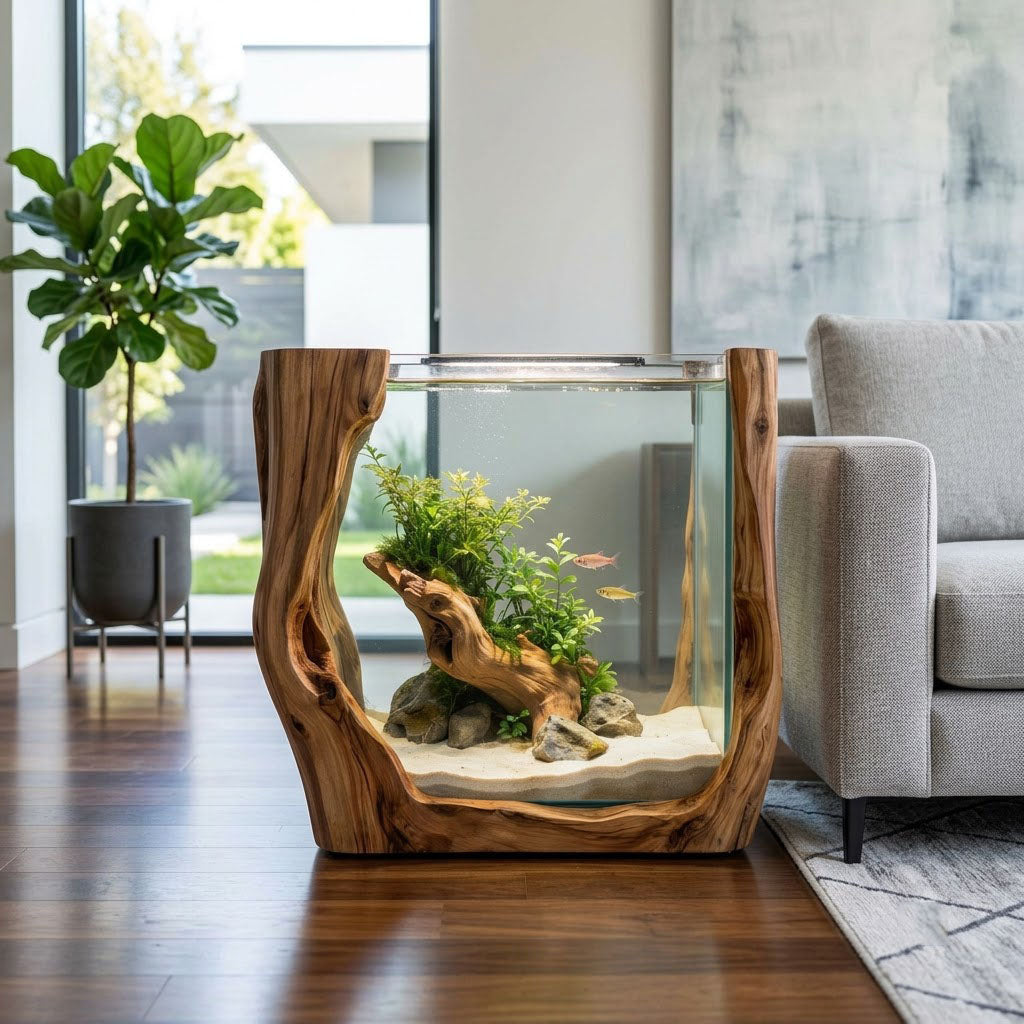 Sculptural U Shaped Solid Wood Aquarium Stand Organic Live Edge Fish Tank Base