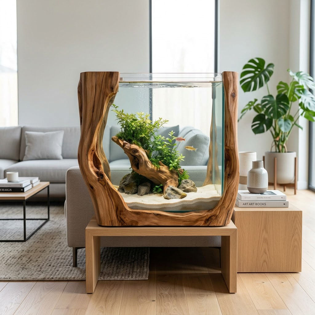 Sculptural U Shaped Solid Wood Aquarium Stand Organic Live Edge Fish Tank Base