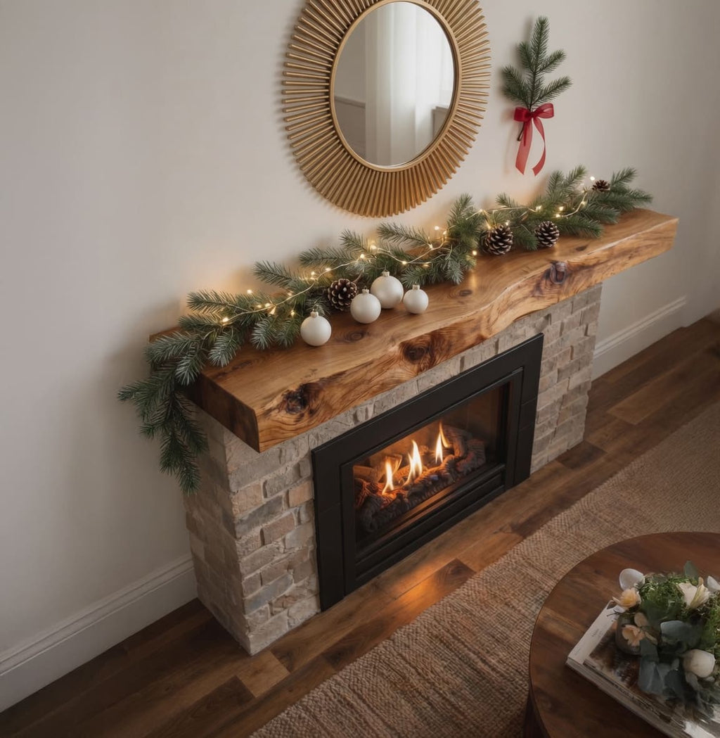 Solid Wood Christmas Live-Edge Fireplace Mantel Shelf
