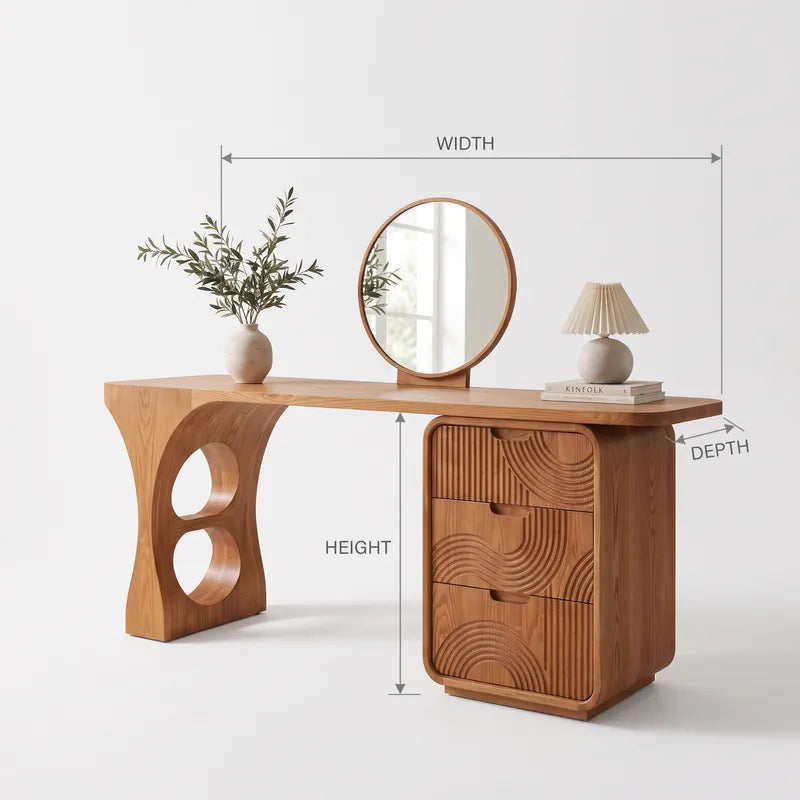 Solid Wood Vanity Desk With 3 Wavy-Carved Drawers & Arch Leg Base