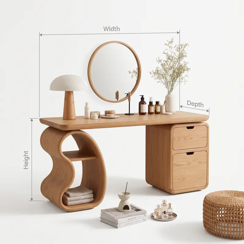 Solid Wood Vanity Desk With Open-Loop Shelf Leg & 2 Rounded Drawers