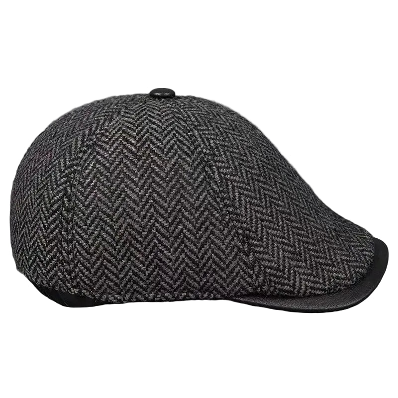 Vancouver Herringbone Genuine Leather Wool Duckbill Flat Cap