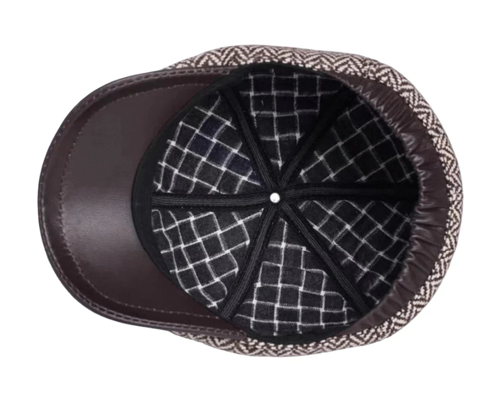 Vancouver Herringbone Genuine Leather Wool Duckbill Flat Cap