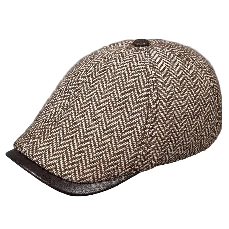 Vancouver Herringbone Genuine Leather Wool Duckbill Flat Cap