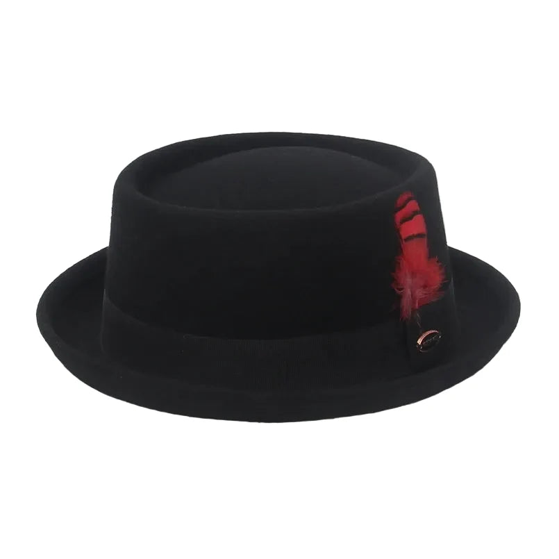 Virginia Feathers Black Wool Porkpie Hat