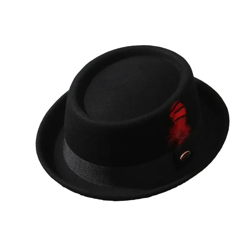 Virginia Feathers Black Wool Porkpie Hat