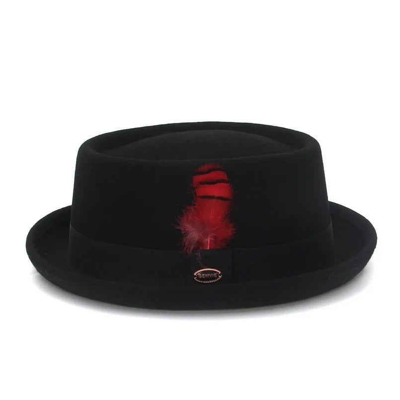Virginia Feathers Black Wool Porkpie Hat