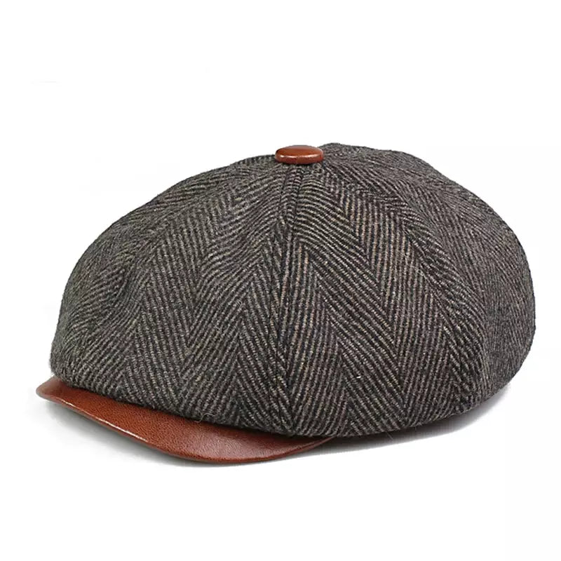 Wayne Herringbone Wool & Leather Newsboy Cap