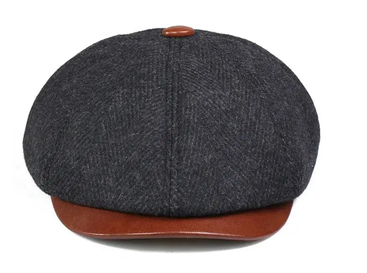 Wayne Herringbone Wool & Leather Newsboy Cap