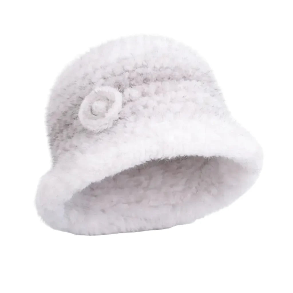 Winter Women Floral Natural Mink Fur Beanie Bucket Hat