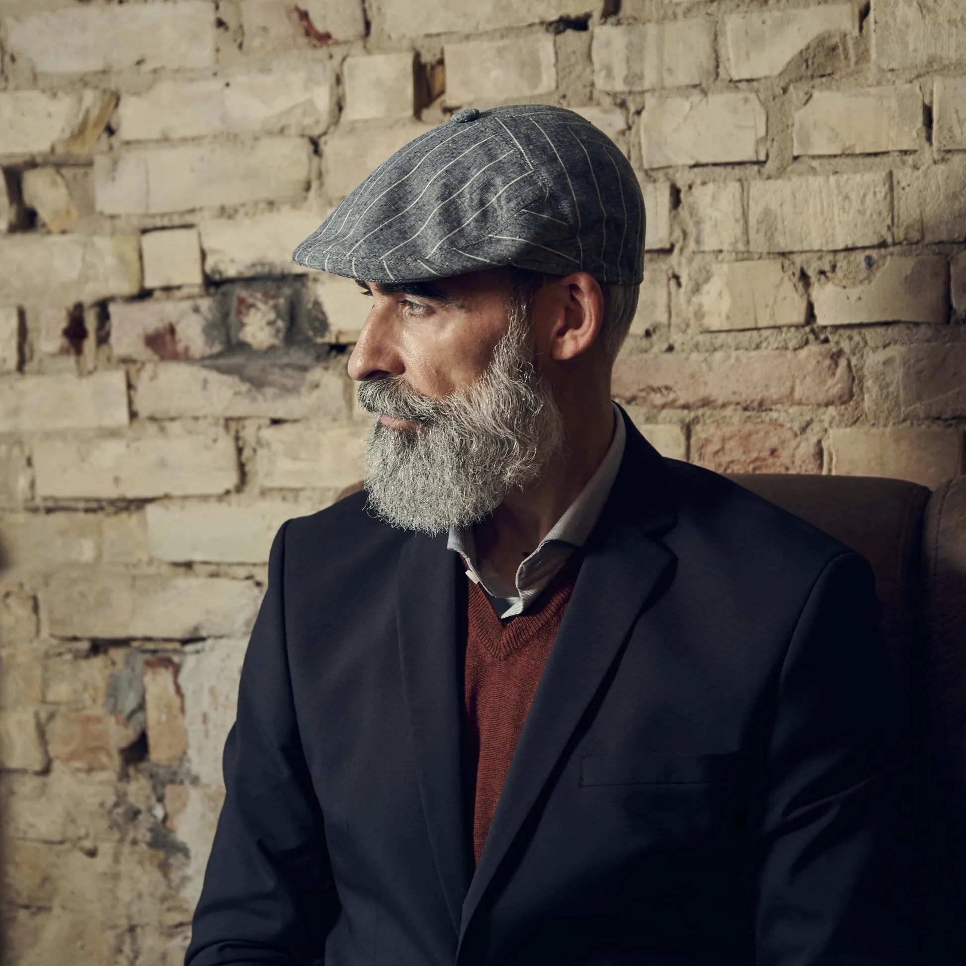 Grey & White Striped Moda Flat Cap