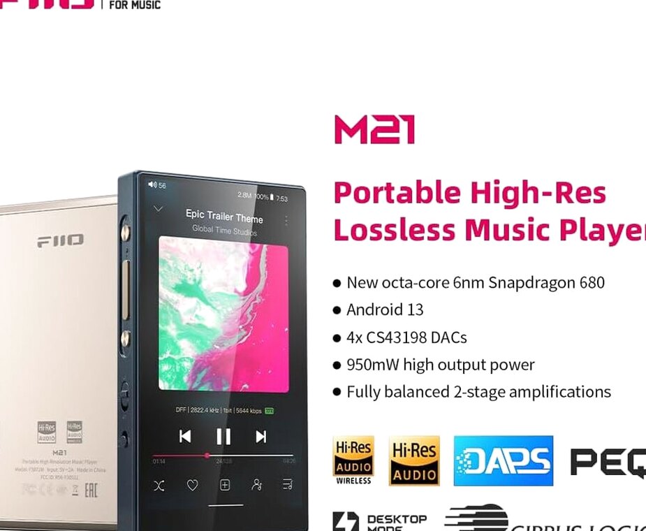 FiiO Hi-Res Music Player, Android 13, Snapdragon 680, 64 GB, Blue-Black - M21