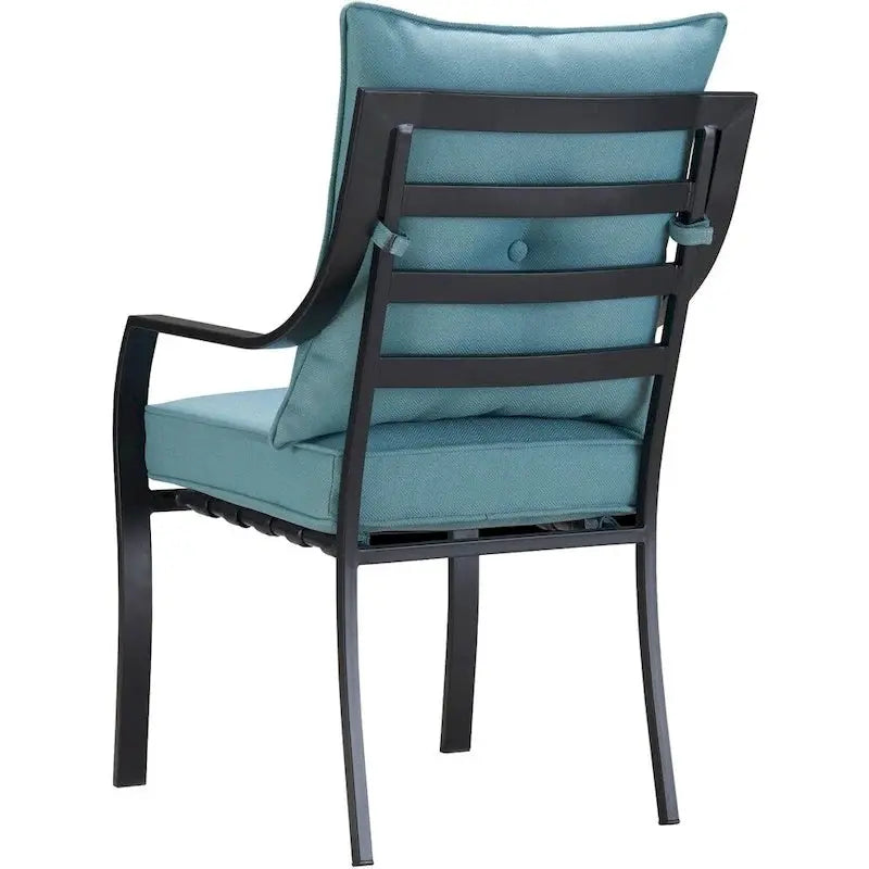 Hanover Lavallette 5-Piece Patio Dining Set With Ocean Blue Chairs, 52-Inch Round Glass Table, 9-Ft Umbrella And Base