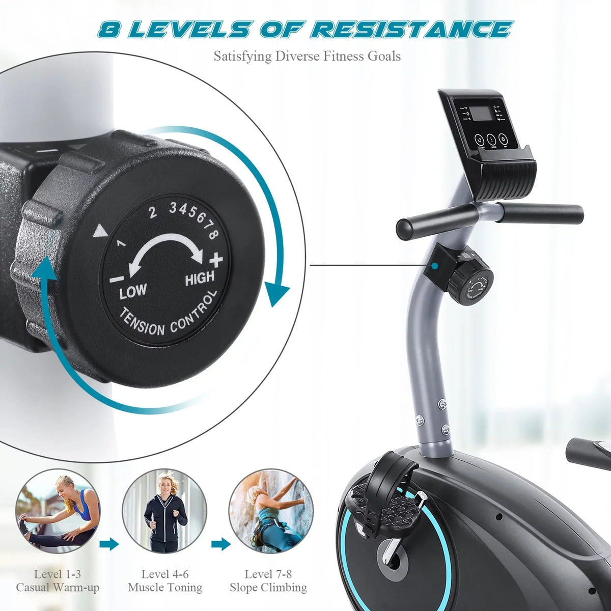 MARNUR Recumbent Exercise Bike With 8 Levels Adjustable Resistance, LCD Monitor, Pad Holder And Wheels
