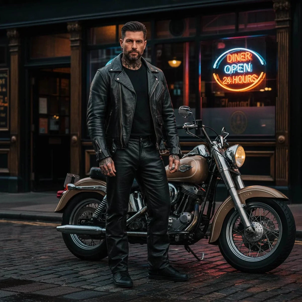 Men's Leather Motorcycle Pants - Black