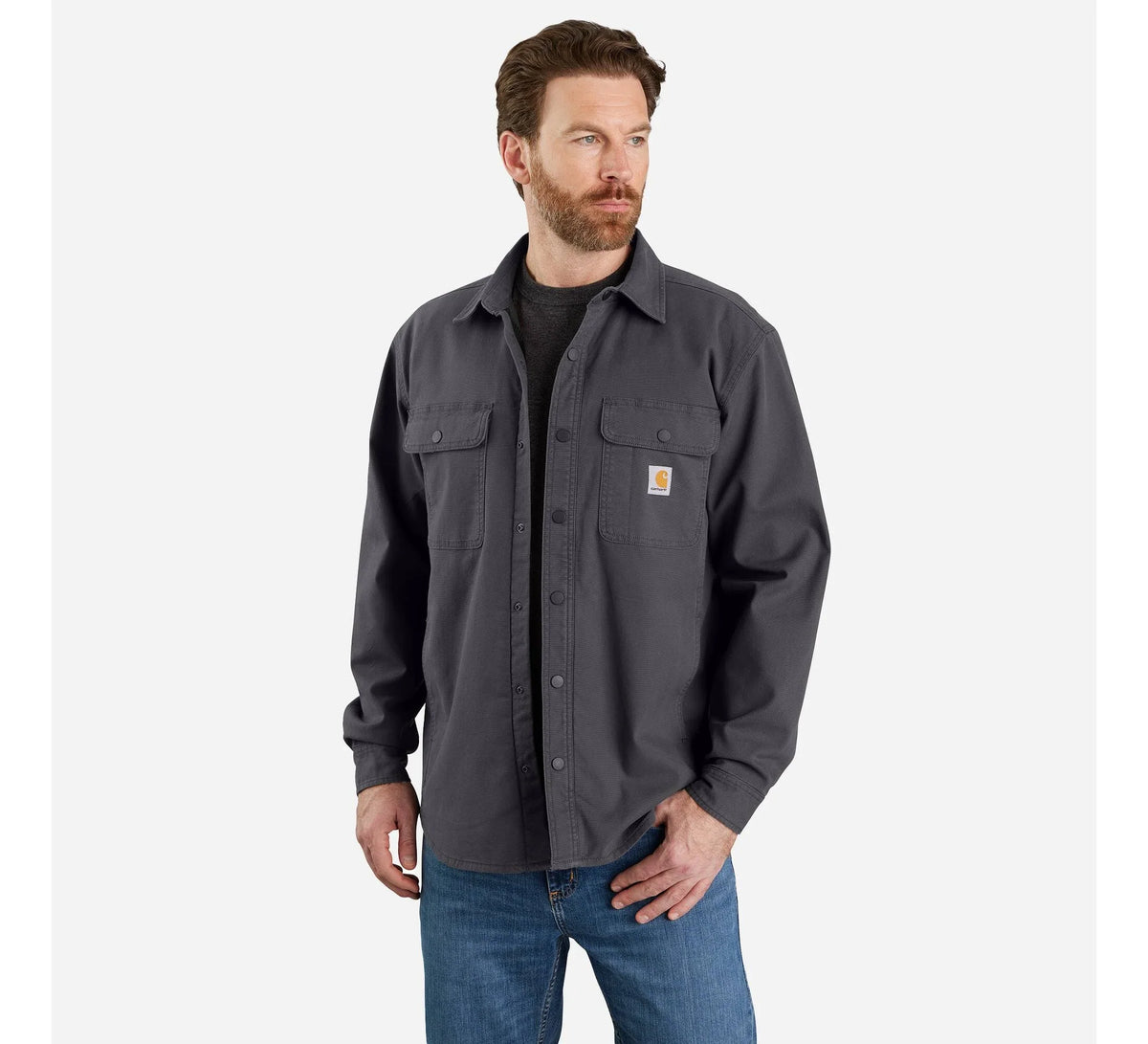 Men's Fleece-Lined Stretch Canvas Shirt Jacket - Brown