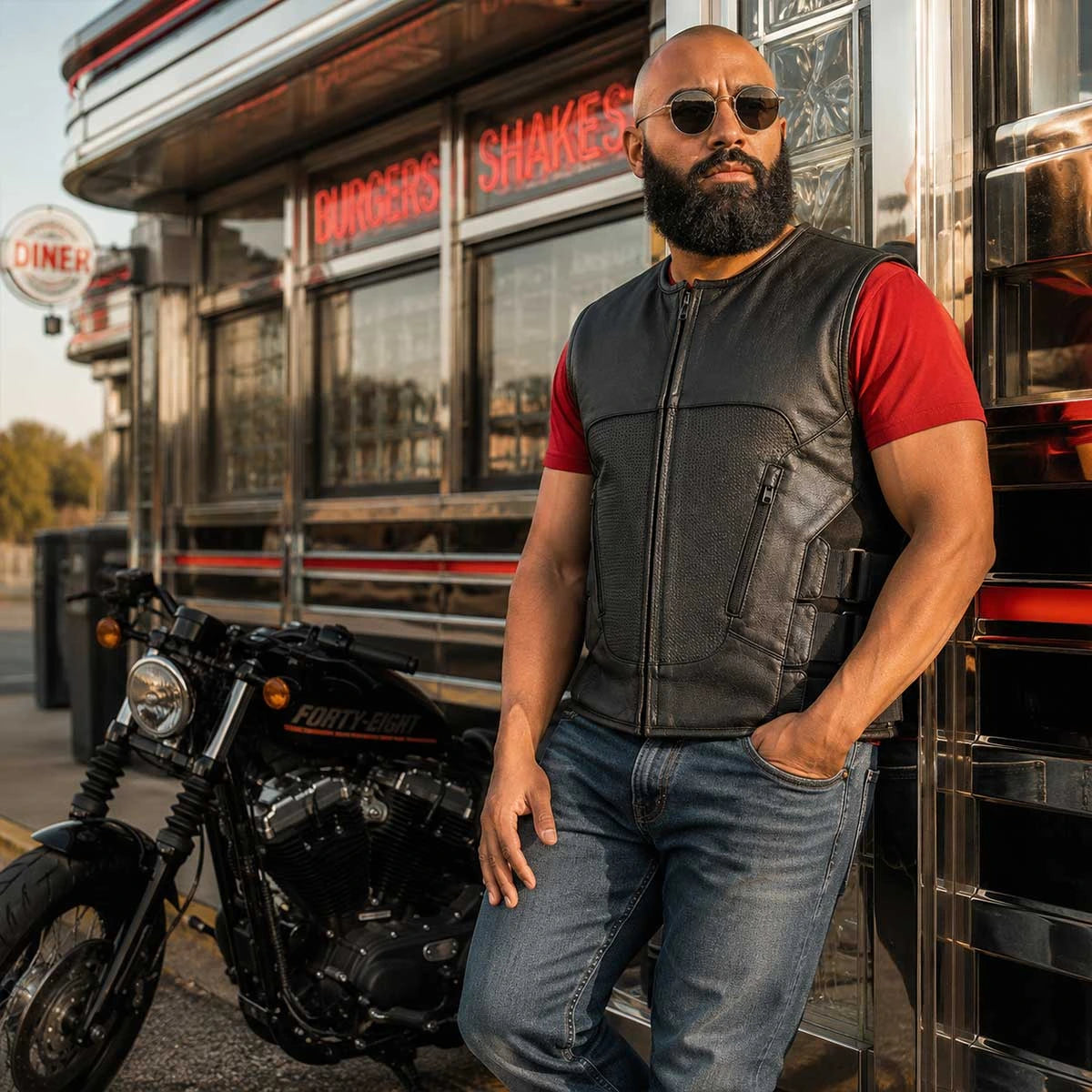 Men's Leather Motorcycle Vest - Black