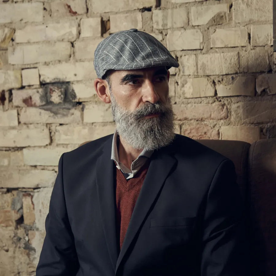 Grey & White Striped Moda Flat Cap