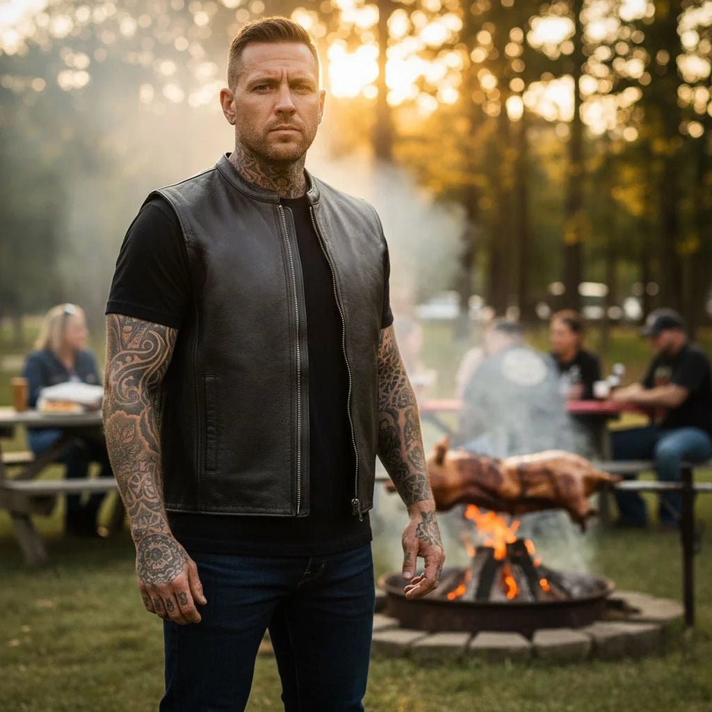 Men's Naked Cowhide Motorcycle Vest - Black