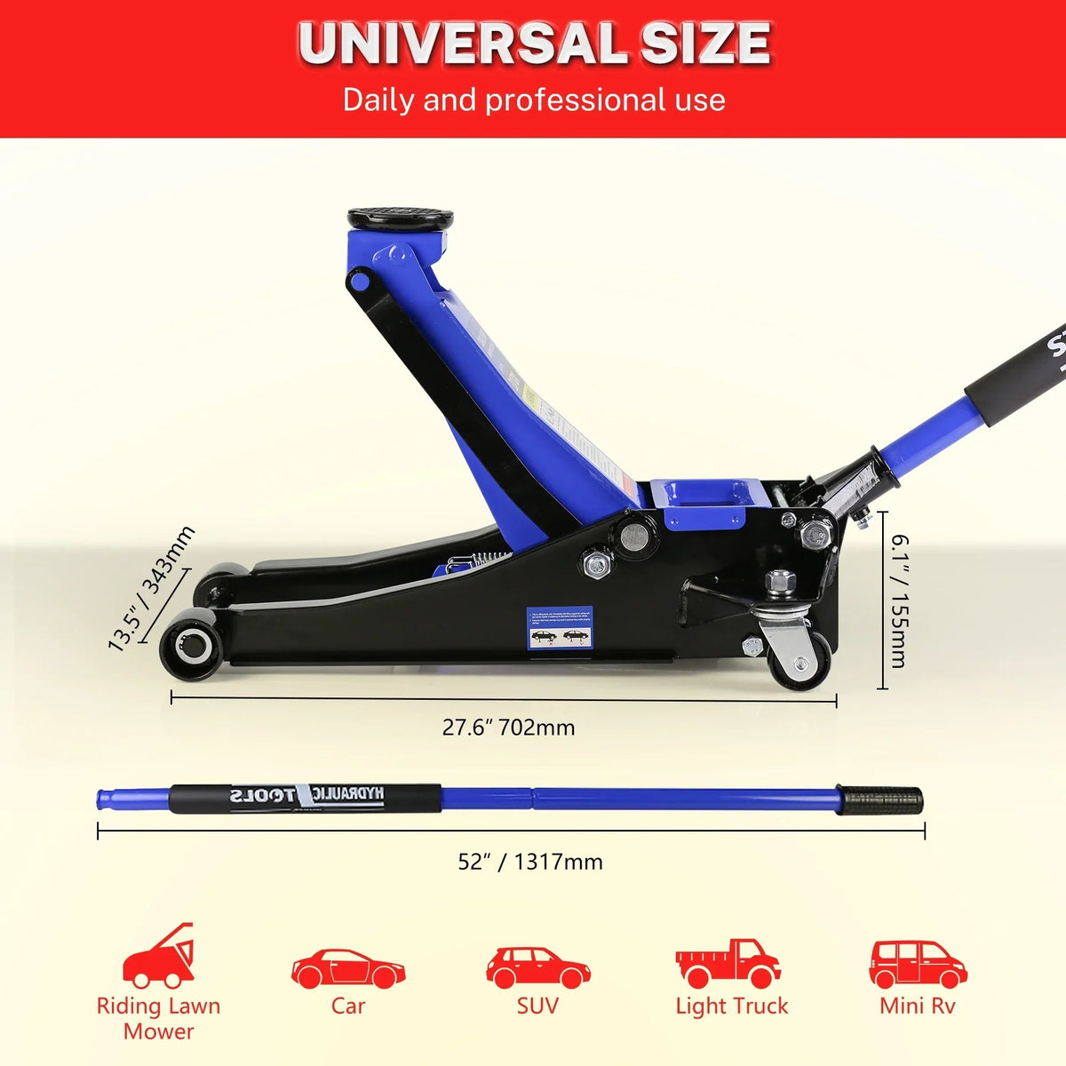 Seizeen Low Profile Floor Jack, 3 Ton (6600 lbs), 3.3 in-19.7 in Lift Range, 52 in Extended Handle