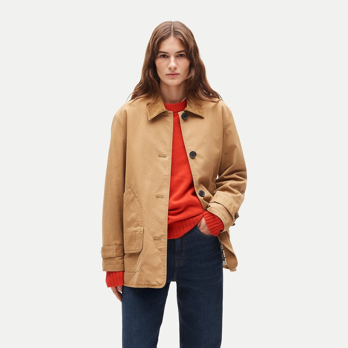 Women's Canvas Jacket With Corduroy Collar - Camel